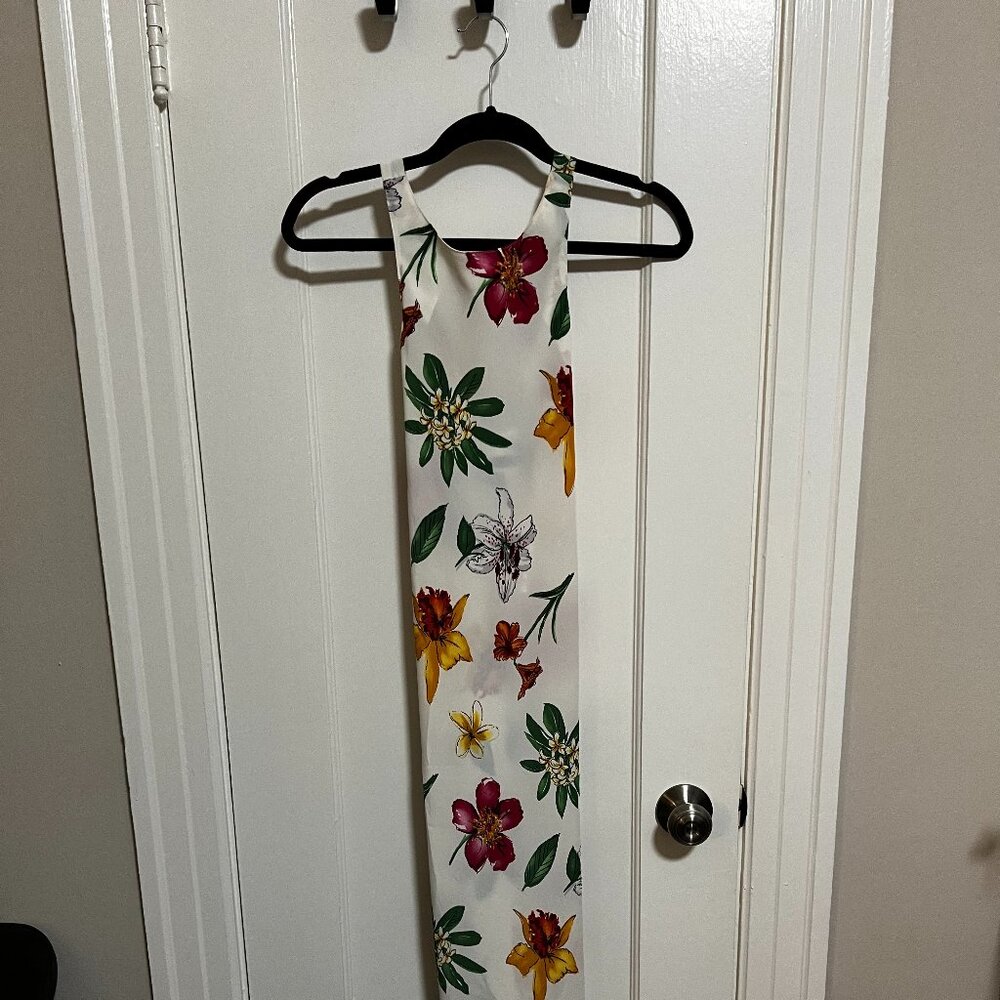90s Floral Sleeveless Maxi Sheath Dress with Cross-Strap Back